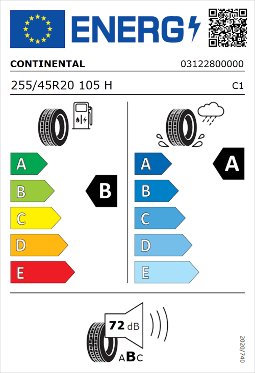 Tyre Label for Continental PremiumContact 6 255/45R20 105H