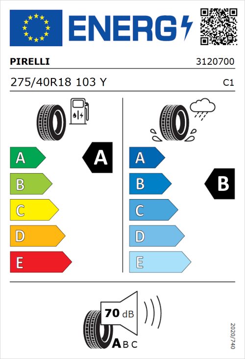 Tyre Label for Pirelli Cinturato P7 275/40R18 103Y