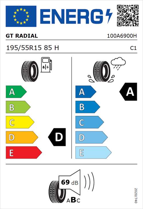 Tyre Label for GT Radial FE2 195/55R15 85H