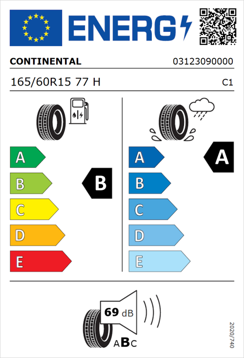 Tyre Label for Continental UltraContact 165/60R15 77H