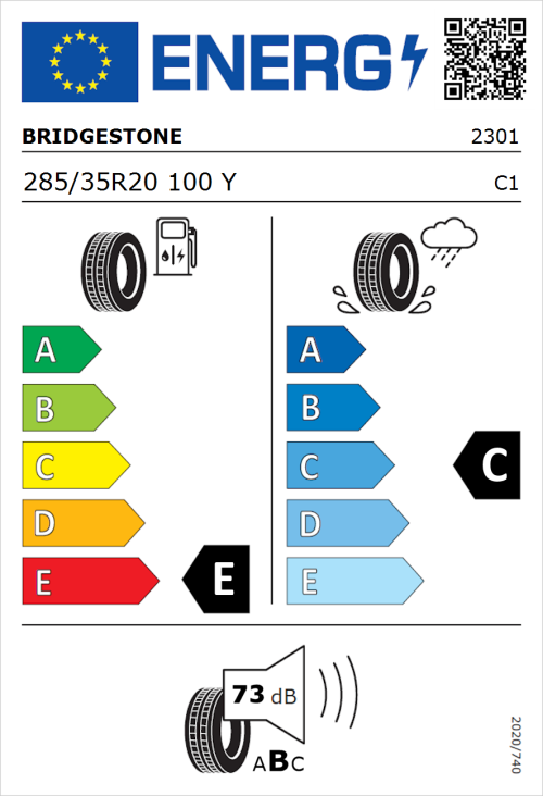 Tyre Label for Bridgestone Potenza RE070 285/35R20 100Y